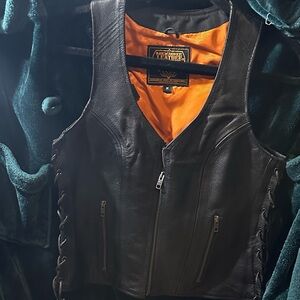 Harley-Davidson Black Leather Vest with Orange Lining